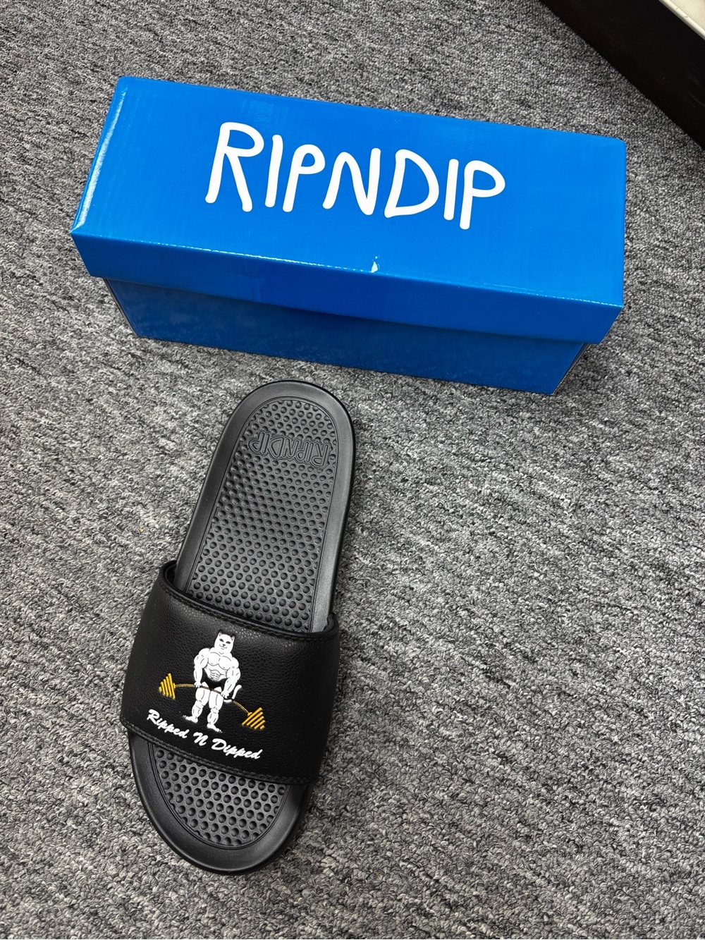 Ripndip Black Slide Sandal with Embossed Leaf and Cat Motif